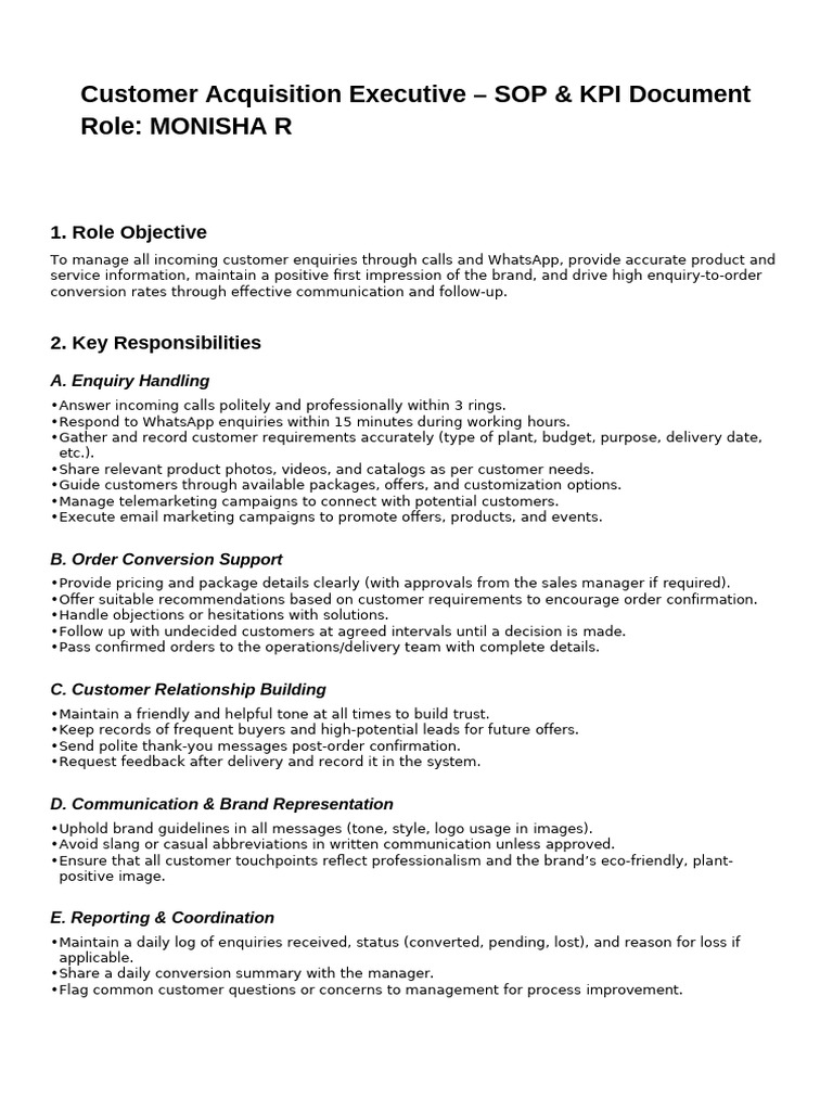 Customer Acquisition Executive SOP | PDF