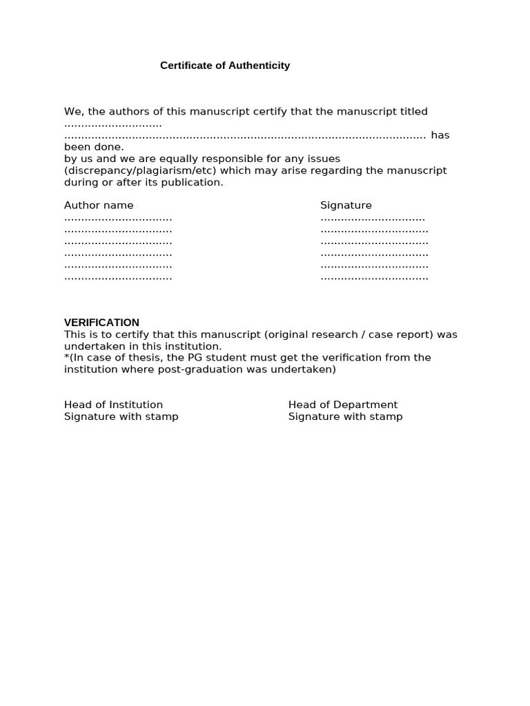 Certificate of Authenticity for Manuscript | PDF