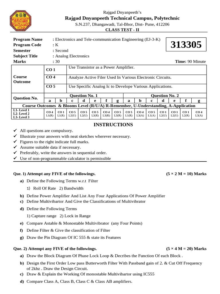 Analog Electronics Class Test II Guide | PDF | Amplifier | Electronics