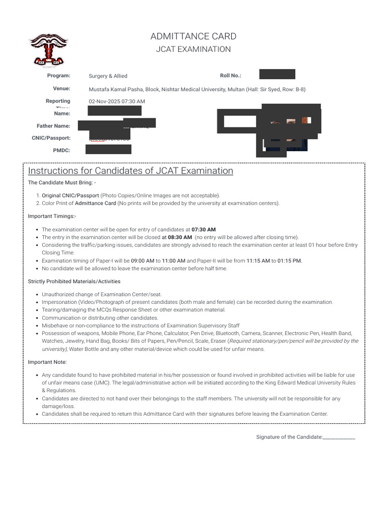 JCAT Exam Admittance Card Details | PDF