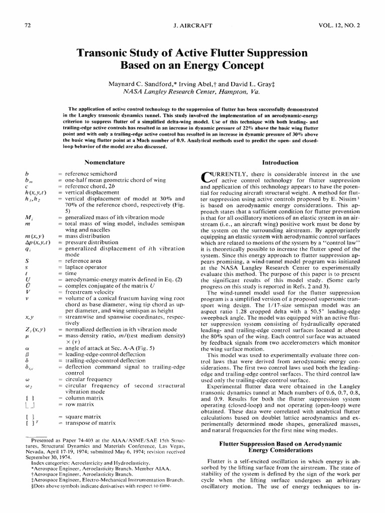 Transonic Study of Active Flutter Suppression Based On An Energy ...