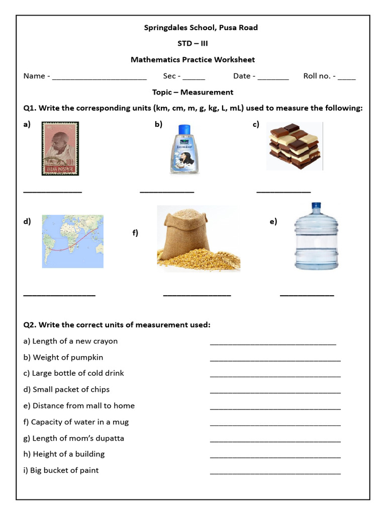 Measurement Practice Worksheet for Grade 3 | PDF | Measurement | Kilogram
