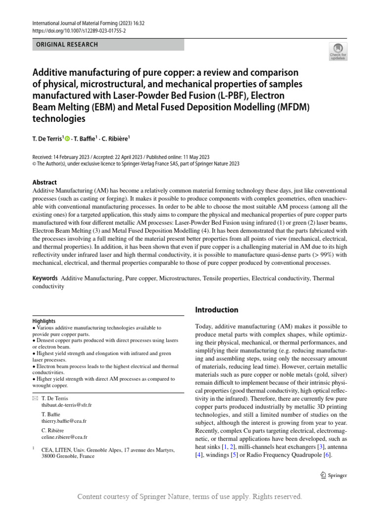 Additive Manufacturing of Pure Copper a Review And | PDF | Laser | 3 D ...