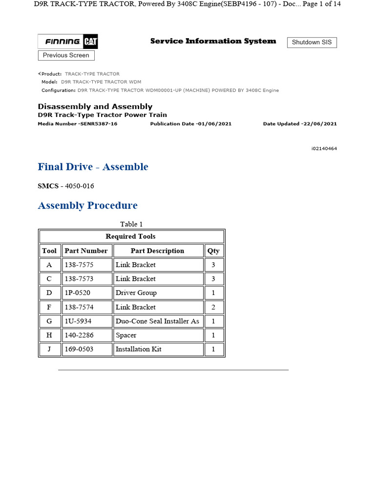 D9R Tractor Final Drive Assembly Guide | PDF | Gear | Screw