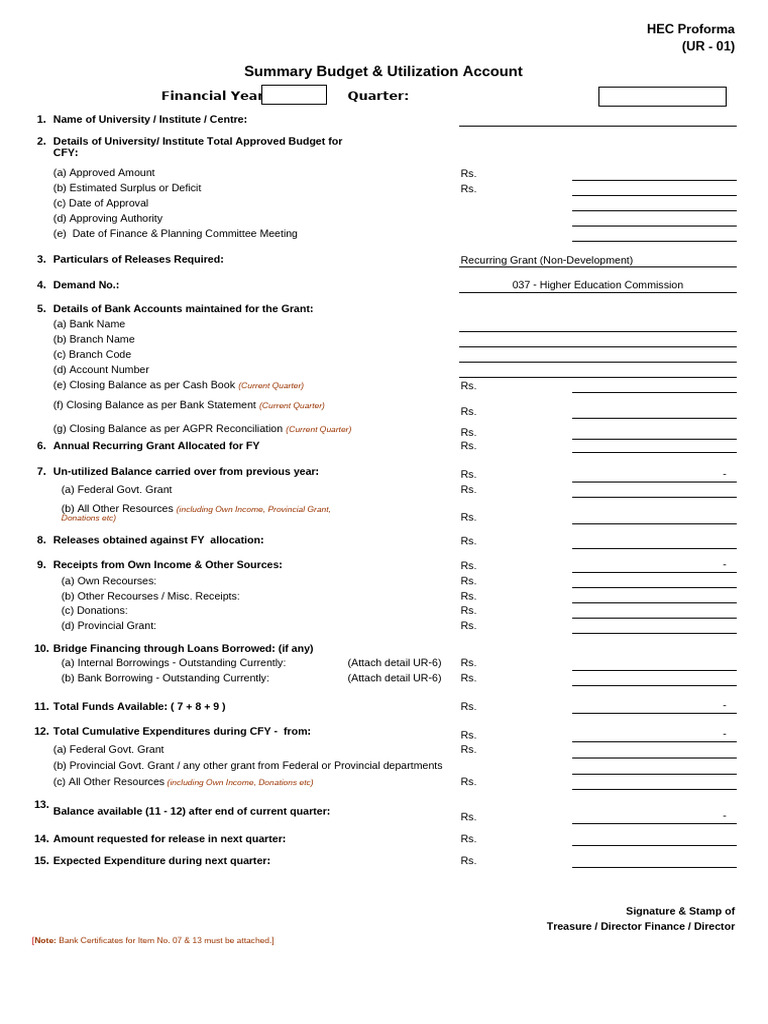 HEC Budget Utilization Proforma 2024-25 | PDF | Expense | Budget
