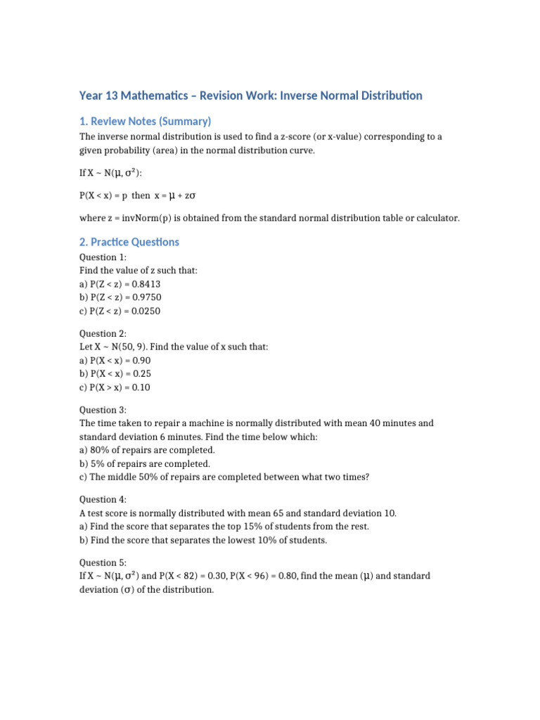 Year 13 Inverse Normal Distribution Revision | PDF
