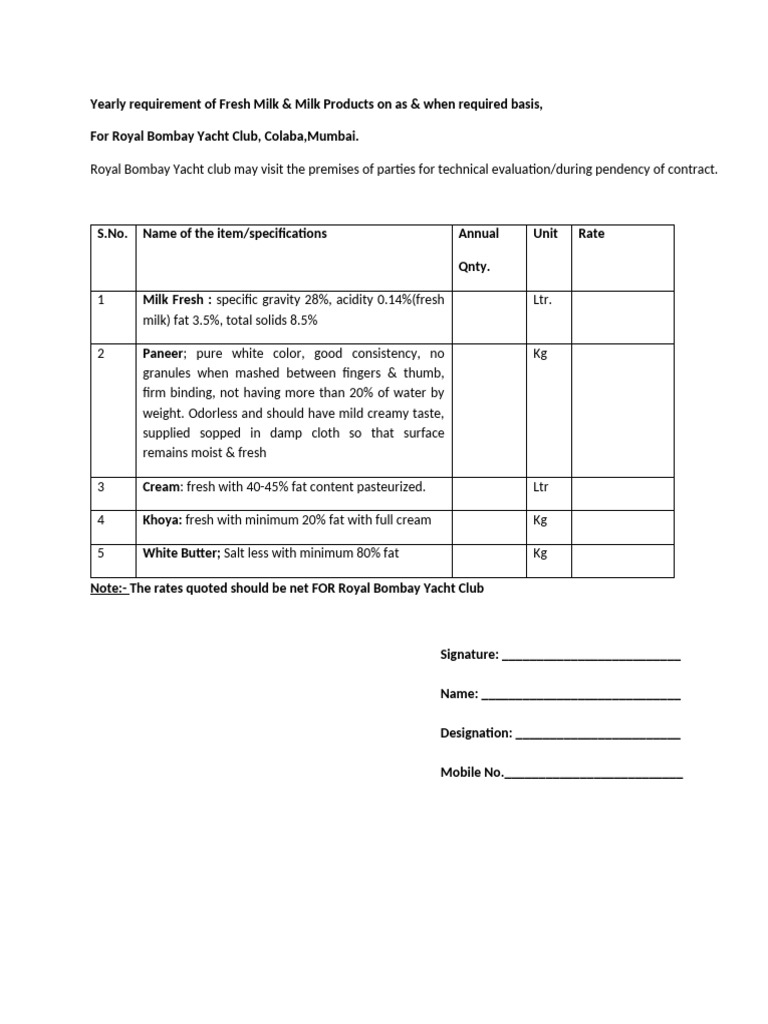 Dairy Specifications | PDF