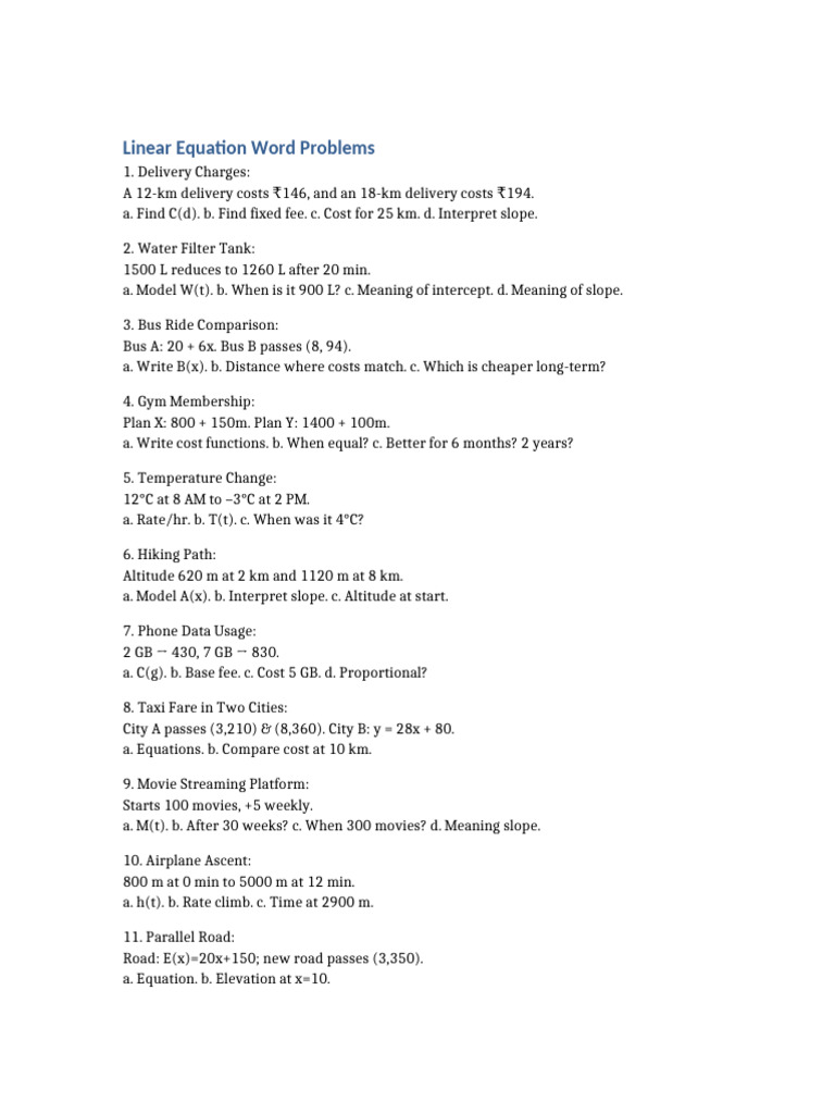 Linear Word Problems With Answers | PDF | Slope