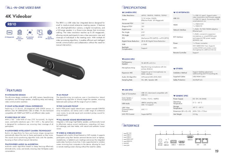 4K All-in-One Video Bar RB10 Specs | PDF | Usb | Hdmi