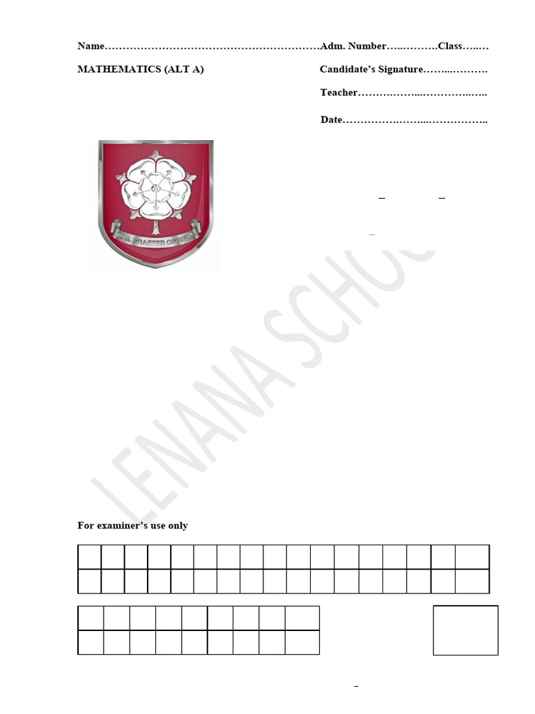 Lenana School Form 2 Mathematics Exam 2024 | PDF | Area | Circle