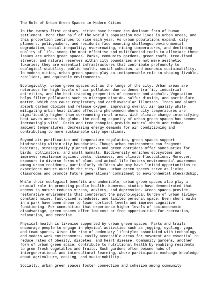 Importance of Urban Green Spaces | PDF | City | Environmental Social ...
