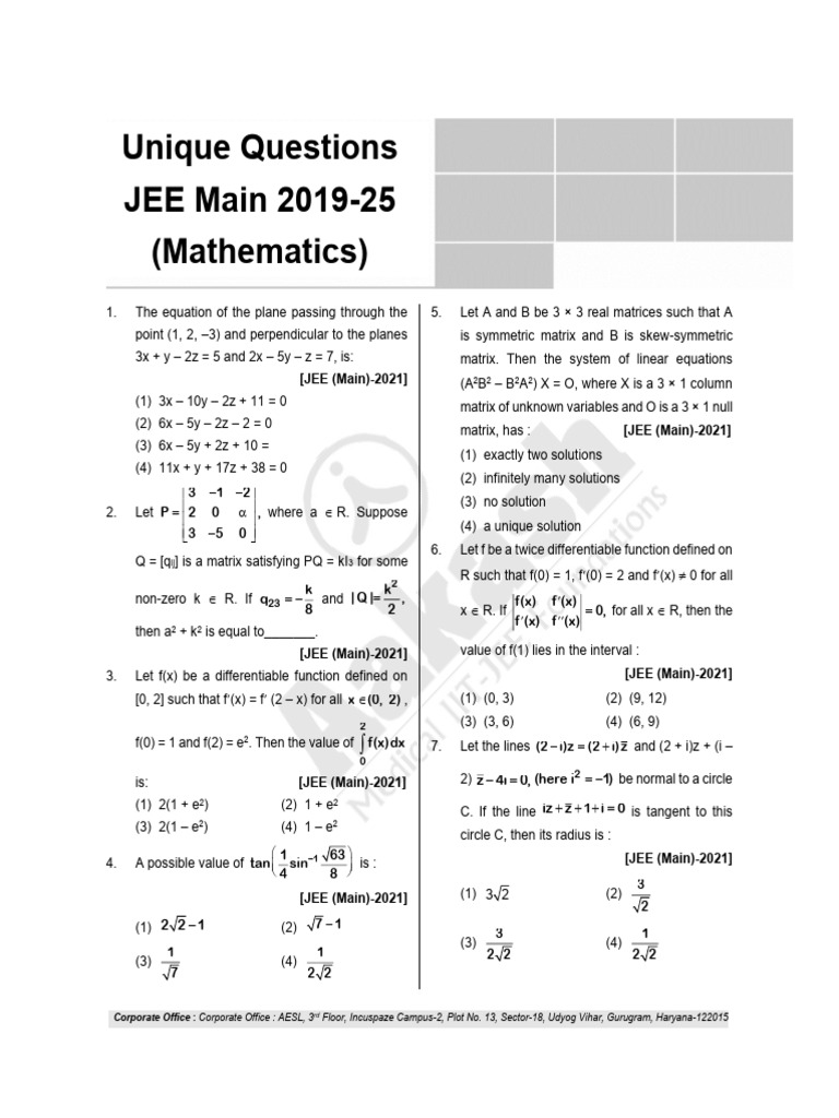 JEE Main 2019-2025 Mathematics Questions | PDF | Matrix (Mathematics ...