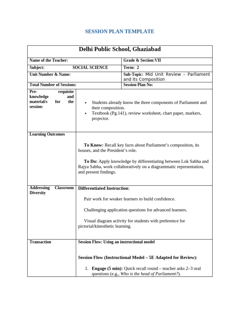 Gr-8 Parliament - Session Plan - Mid Ui Reiew | PDF | Differentiated ...