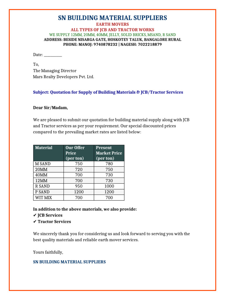 Building Materials & JCB Services Quote | PDF