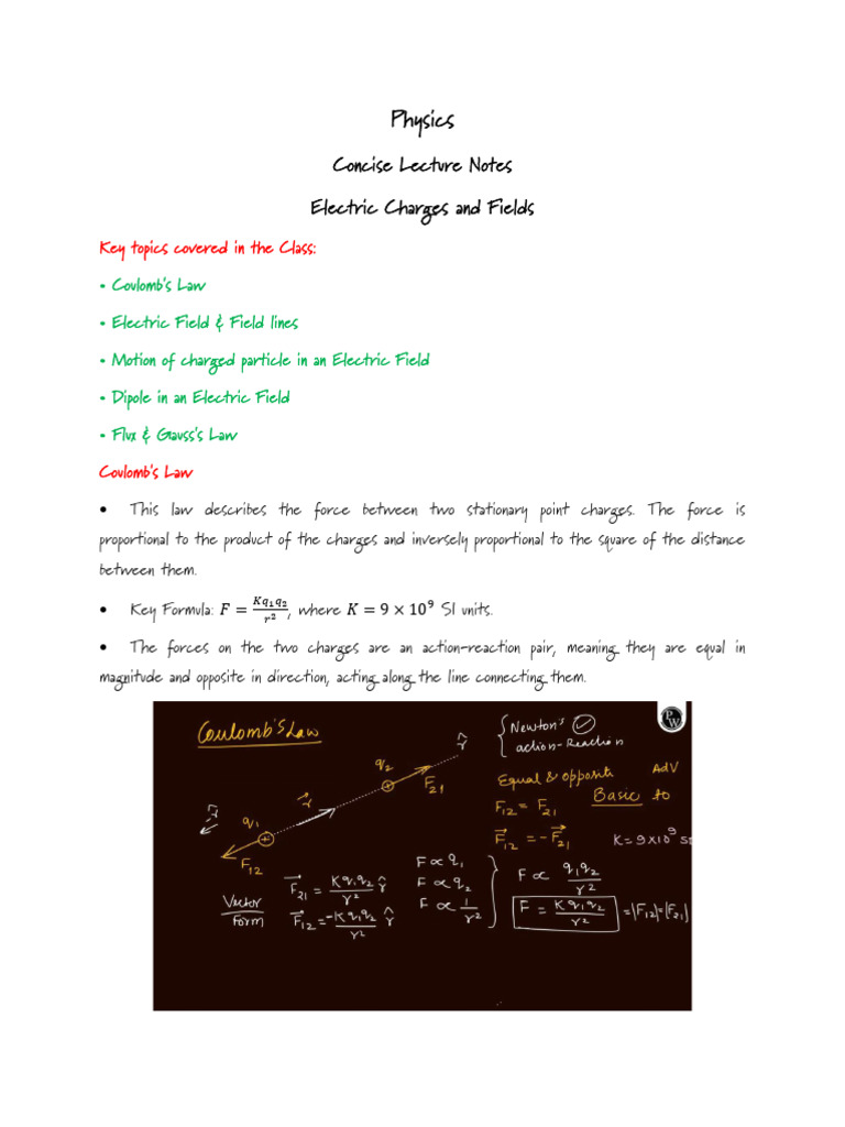 Electric Charge and Field - Short Notes | PDF | Electric Field | Force