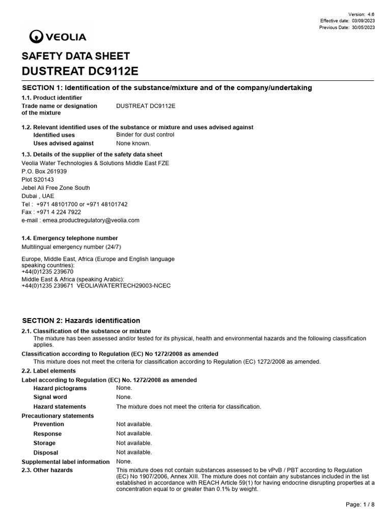 Safety Data Sheet for DUSTREAT DC9112E | PDF | Dangerous Goods | Toxicity