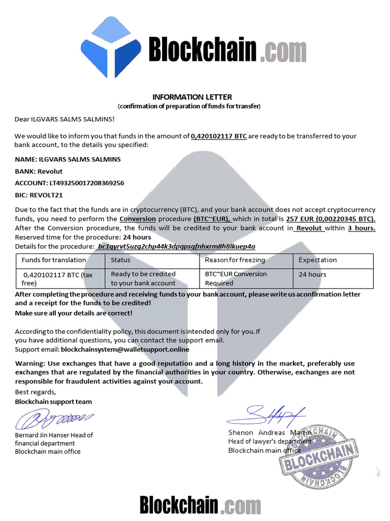 Blockchain Info - Transfer Funds - Conversion - ILGVARS SALMS SALMINS | PDF