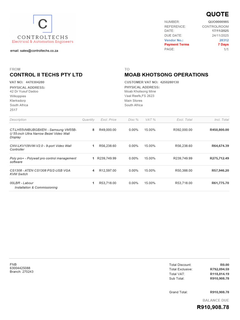 Control II Techs Invoice QUO0000985 | PDF
