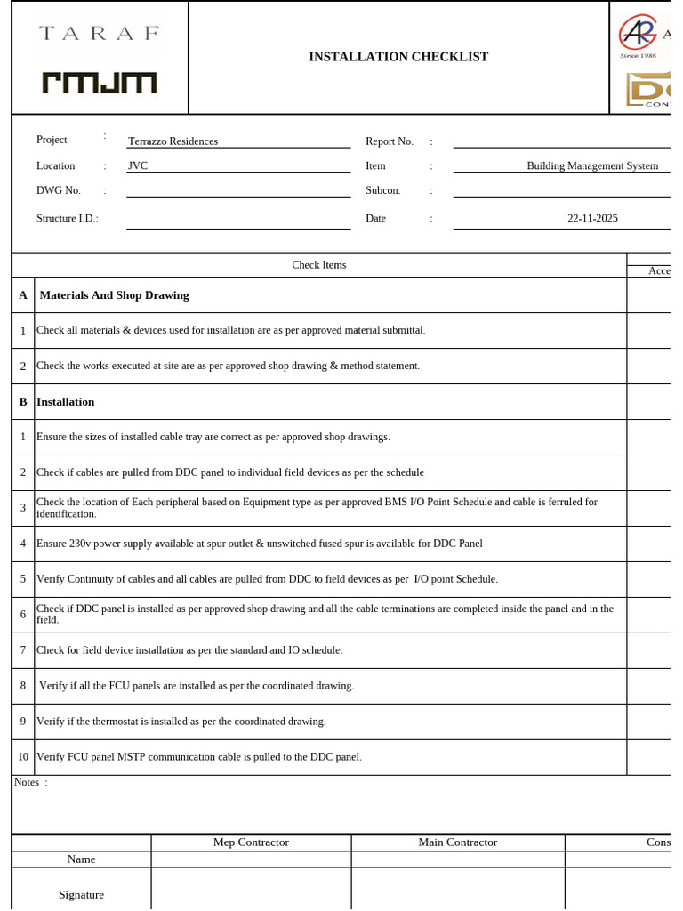BMS Installation Checklist for Terrazzo Residences | PDF