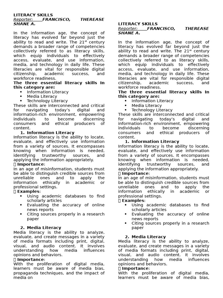 Literacy Skills Francisco | PDF | Information Literacy | Literacy