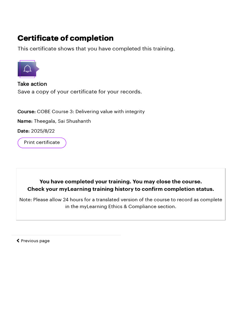 COBE Course 3 Completion Certificate | PDF