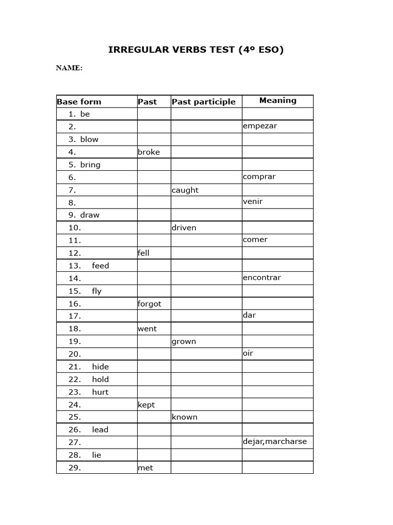Irregular Verbs Test | PDF