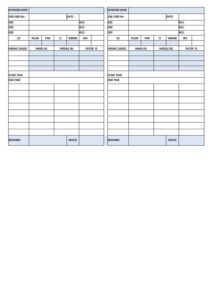Extruder Job Card | PDF