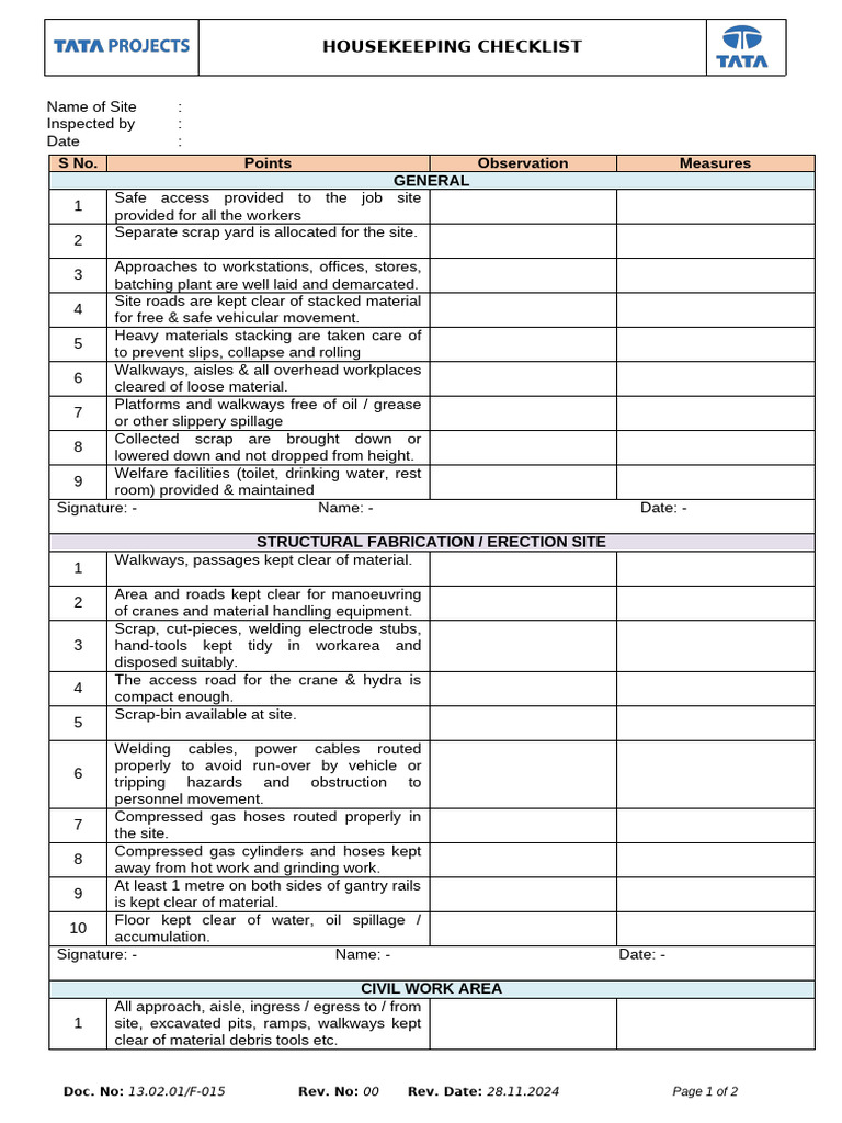 13.02.01 F-015 Housekeeping Checklist R0 | PDF | Crane (Machine)