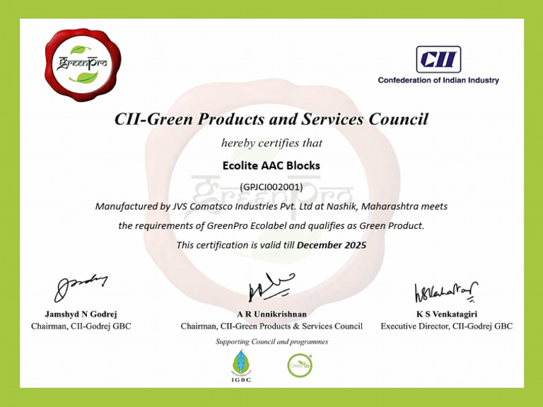 GreenPro Certificate - JVS - Renewed Till December 2025 | PDF