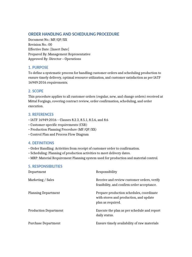 Order Handling & Scheduling Procedure | PDF | Business