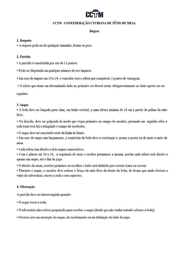 Regras do Tênis de Mesa CCTM | PDF | Esportes