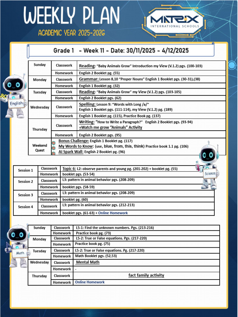 Weekly Plan Grade 1 1st Term Week 11 | PDF