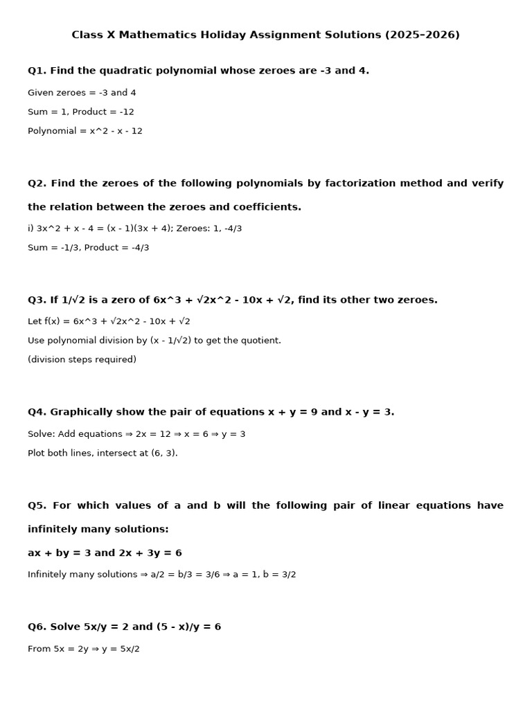 Class X Math Holiday Assignment Solutions | PDF