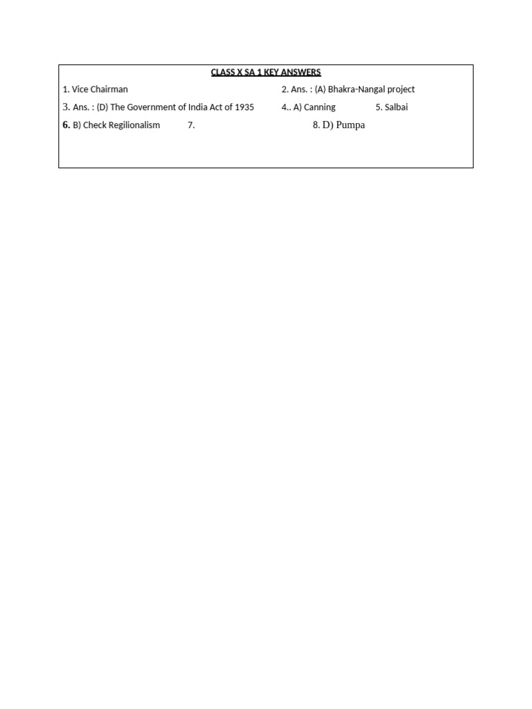 Class X SA 1 Answer Key | PDF