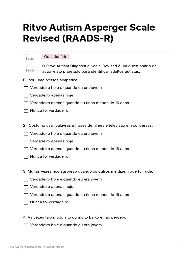 Questionário RAADS-R para Autismo Adulto | PDF
