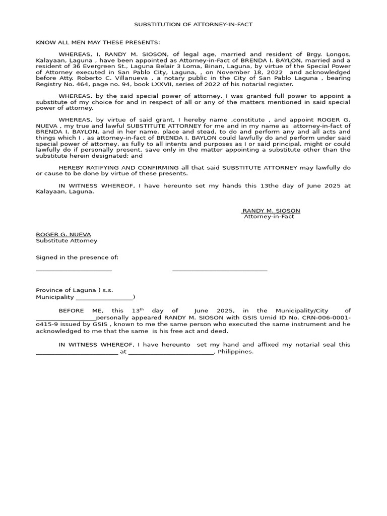 Substitution of Attorney-in-Fact Document | PDF | Power Of Attorney ...