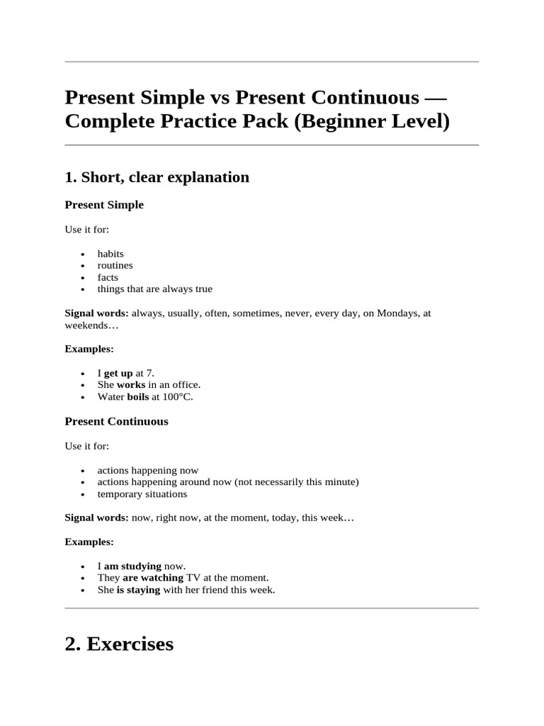 Present Simple Vs Present Continuous - Complete Practice Pack (Beginner ...
