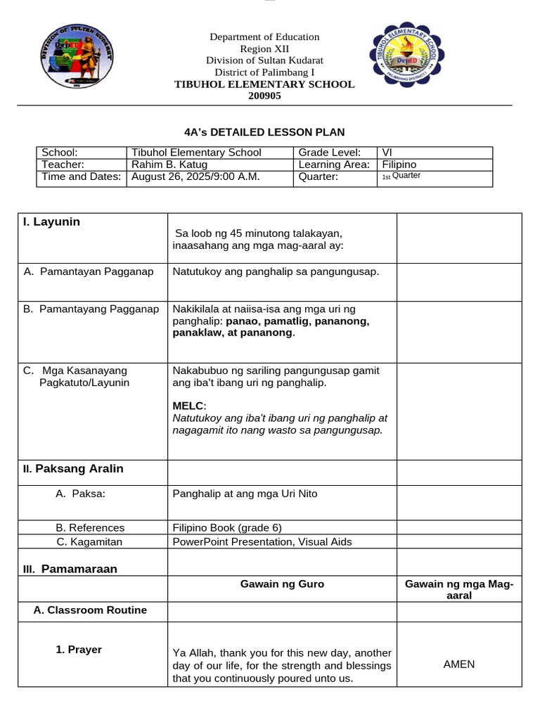 Grade VI Filipino Lesson Plan on Panghalip | PDF | Rotation | Earth