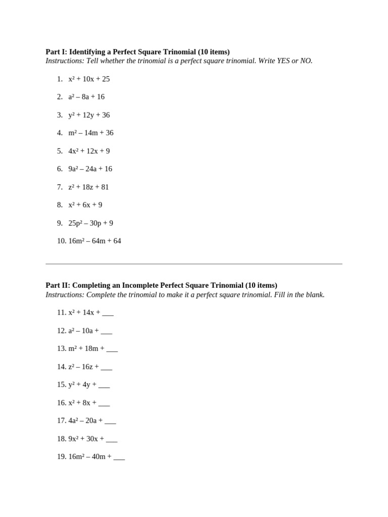 Completing The Square Preparation Test | PDF