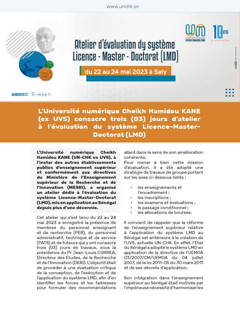 Atelier sur l'évaluation du LMD à l'UN-CHK | PDF | Pédagogie | Université
