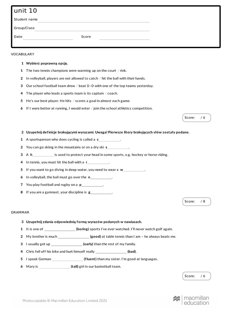 Sports Vocabulary and Grammar Exercises | PDF | Games Of Physical Skill ...