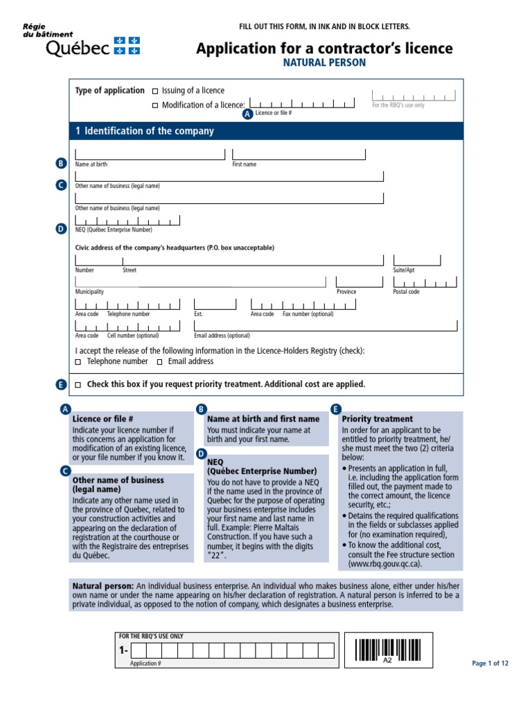 Contractor Licence Application Natural Person | PDF | Loans | Taxes