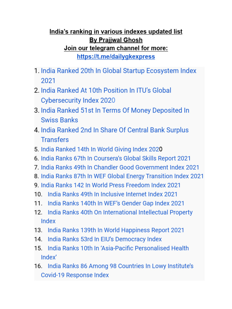 India's Ranking in Various Indexes Updated List | PDF