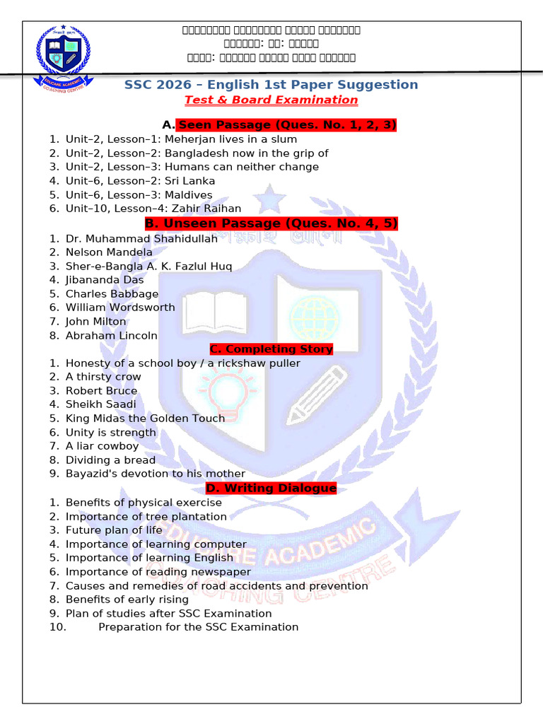 Ssc 2026 English 1st Paper Suggestion Pdf