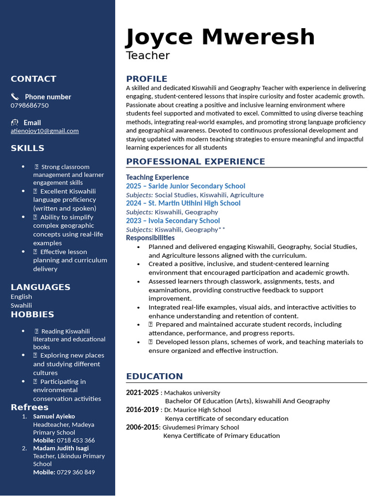 CV-EN-13 | PDF | Teachers | Swahili Language