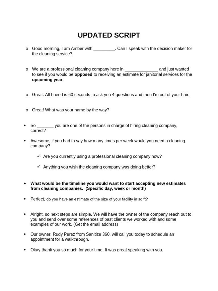 Janitorial Services Inquiry Script | PDF