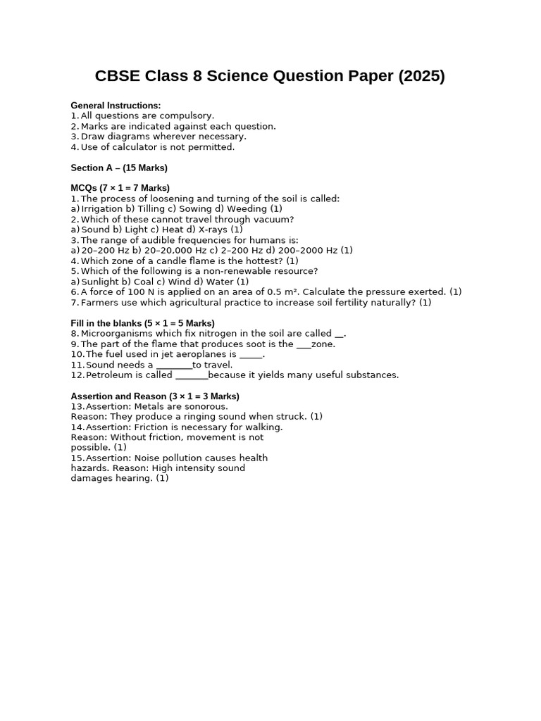 CBSE Class 8 Science Question Paper 2025 | PDF | Noise | Sound