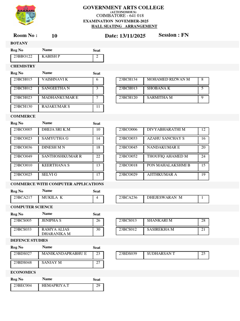 November 2025 Exam Seating Plan | PDF