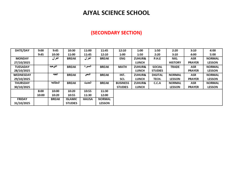 Ajyal Science School 2025/26 Timetable | PDF