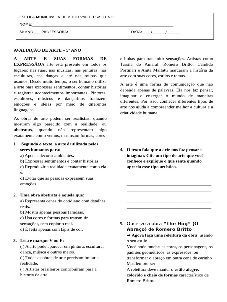 Avaliação de Arte para 5º Ano | PDF | Arte abstrata | As artes